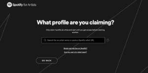 schermata dove si può ottenere e riscattare il proprio profilo spotify for artists